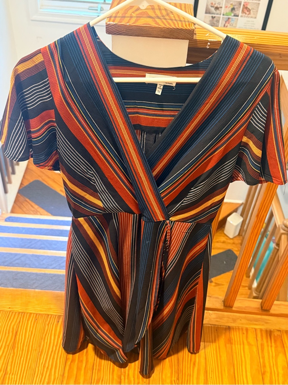 T.J.Maxx Striped Wrap Mini Dress in Navy, Rust & Mustard